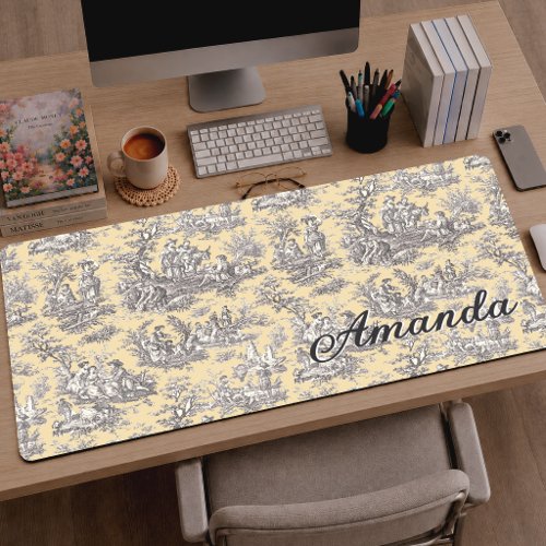 Elegant Vintage Yellow Grey Toile de Jouy Monogram Desk Mat