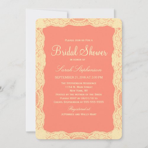 Elegant Vintage Yellow Lace Border  Coral Pink Invitation