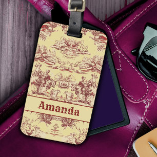 Elegant vintage yellow red lake toile de jouy luggage tag