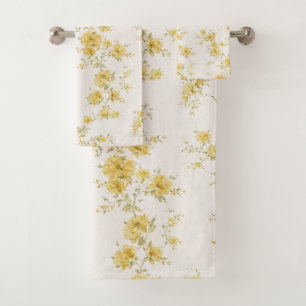 Elegant Vintage Yellow Roses Floral Pattern Bath Towel Set
