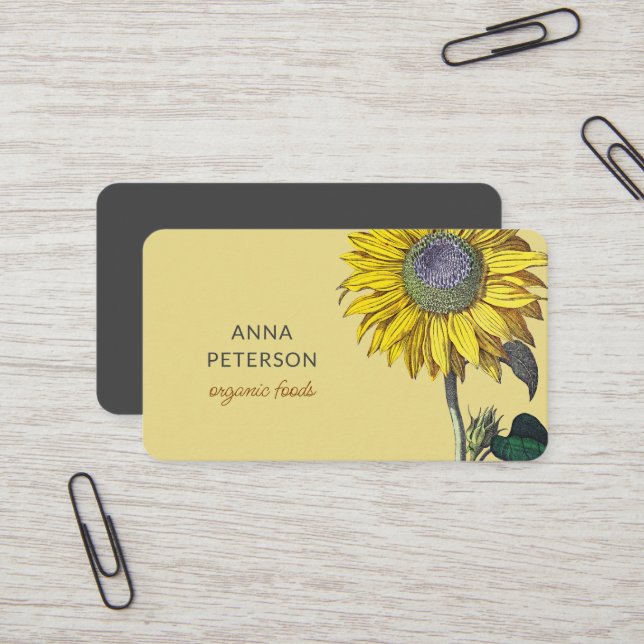Elegant Vintage Yellow Sunflower Beige Gray  Business Card (Front/Back In Situ)
