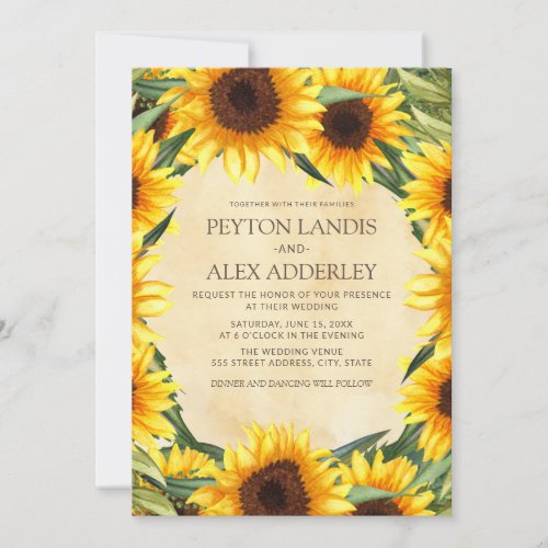 Elegant Vintage Yellow Sunflowers Country Wedding Invitation