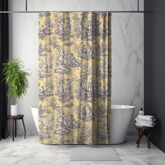 Elegant Vintage Yellow Toile de Jouy Botanical Shower Curtain