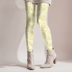 Elegant vintage yellow toile de jouy capri leggings