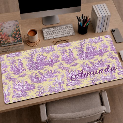 Elegant Vintage Yellow Toile de Jouy Monogram Desk Mat