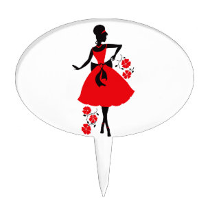 Elegant vintage young woman red black silhouette cake topper