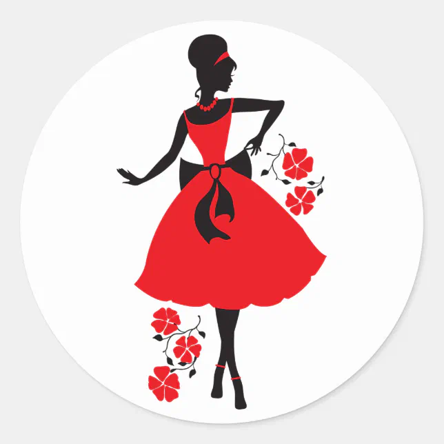 Elegant vintage young woman red black silhouette classic round sticker (Front)