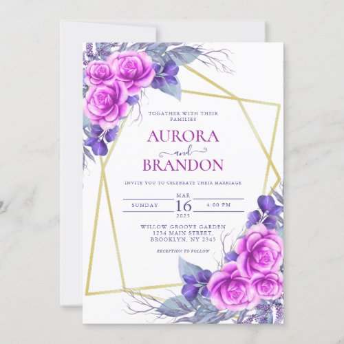 Elegant Violate Floral Golden Geometric Wedding Invitation
