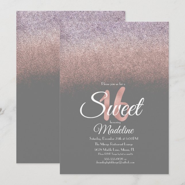 Elegant Violet Blush Pink Ombre Glitter Sweet 16 Invitation (Front/Back)