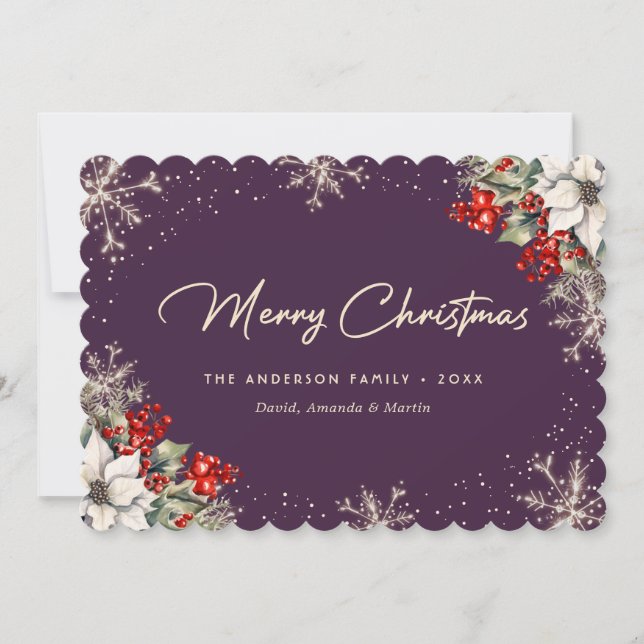 Elegant Violet Botanical Snowflake Christmas Card (Front)
