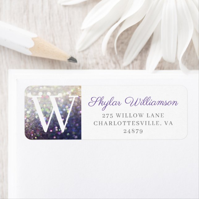 Elegant Violet & Champagne Glitter Monogram Label (Insitu)