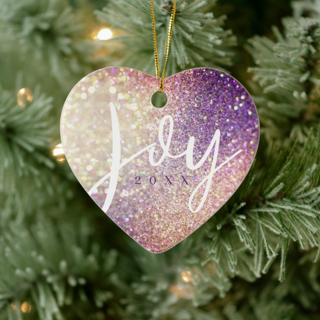 Elegant Violet & Champagne Sparkle Glitter Joy Ceramic Ornament (Tree)