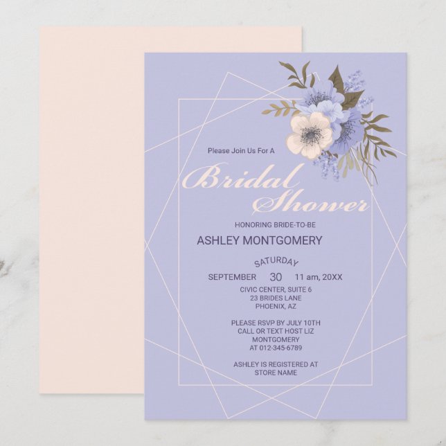 Elegant Violet Five Petal Roses Bridal Shower Invitation (Front/Back)