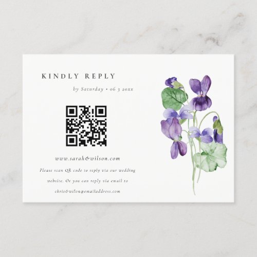 Elegant Violet Floral Bunch Wedding QR Code RSVP Enclosure Card