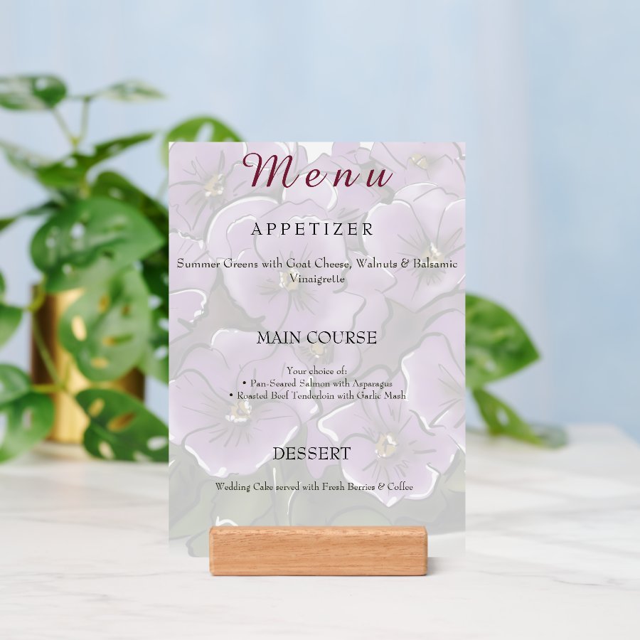 Elegant Violet Flowers Lesbian Wedding Dinner Menu Holder