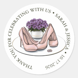 Elegant Violet Flowers Lesbian Wedding Favor Stick Classic Round Sticker