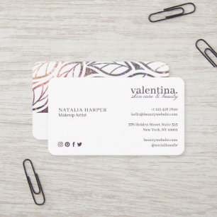 Elegant Violet Glitter Leaf Pattern Beauty Makeup Business Card