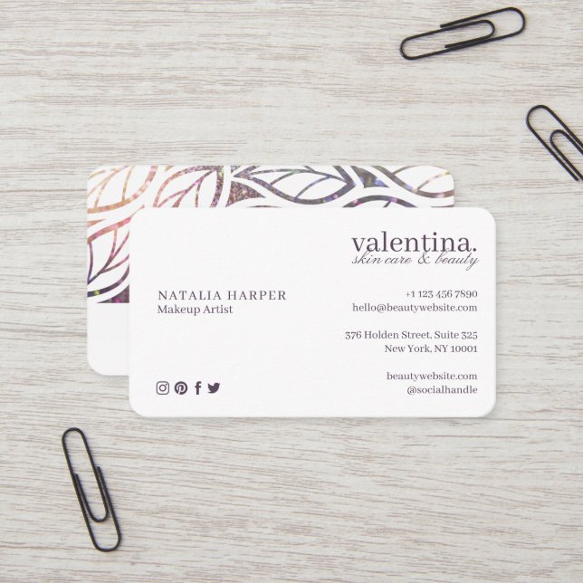 Elegant Violet Glitter Leaf Pattern Beauty Makeup Business Card (Front/Back In Situ)