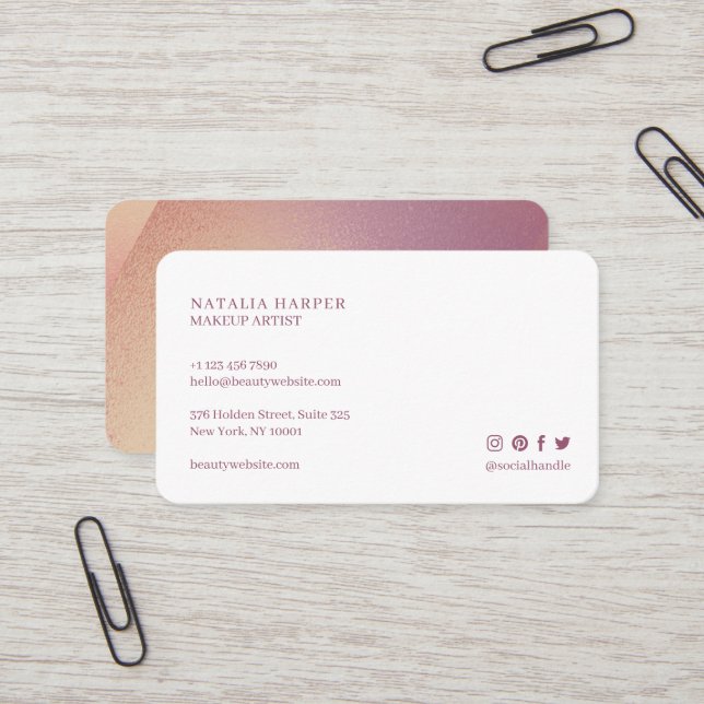 Elegant Violet Glitter & Pink Beauty Makeup Business Card (Front/Back In Situ)