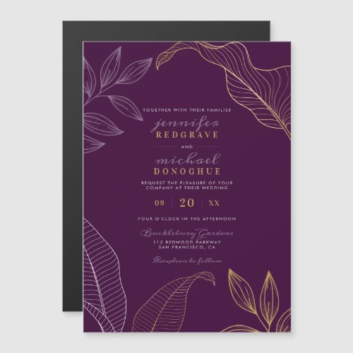 Elegant Violet Gold Buds Modern Wedding Magnetic Invitation