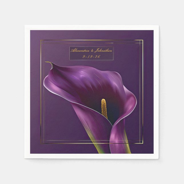 Elegant Violet & Gold Calla Lily Wedding Napkins (Front)
