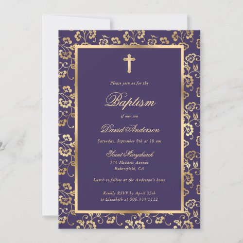 Elegant Violet Gold Cross Script Floral Baptism Invitation