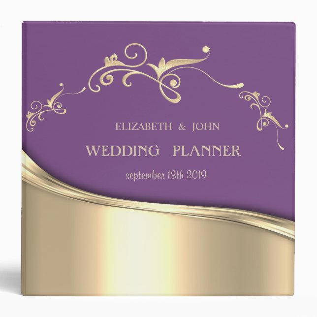 Elegant  Violet Gold  Swirls Wedding Planner 3 Ring Binder (Front)