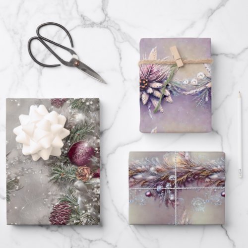 Elegant Violet_Gray Christmas Floral Garland Wrapping Paper Sheets
