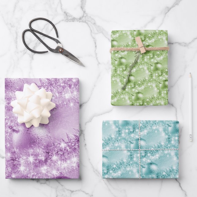 Elegant Violet, Green and Turquoise Christmas Ball Wrapping Paper Sheets (Front)