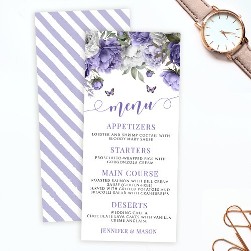 Elegant violet lavender floral wedding menu cards