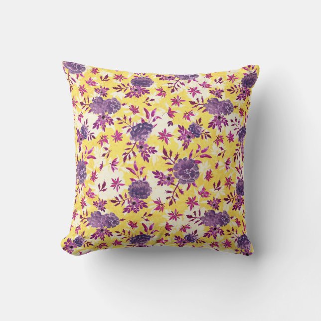 Elegant Violet Marigolds Flowers Mustard Yellow Throw Pillow (Front)
