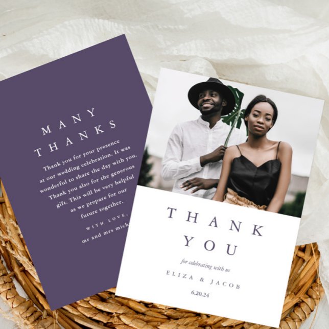 Elegant Violet One Photo Wedding Thank You Card (Creator Uploaded)