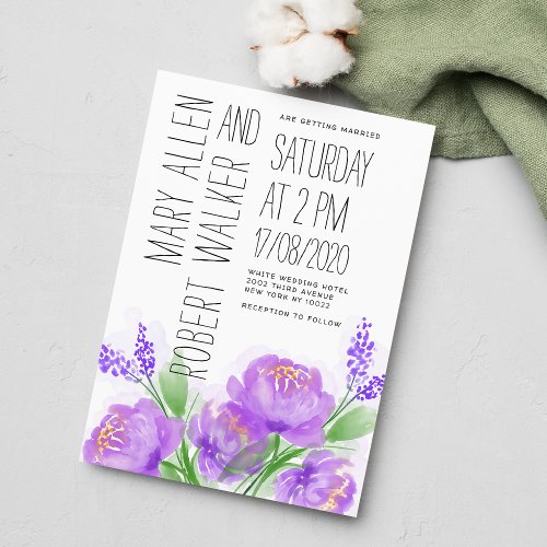 Elegant Violet Peony Floral Watercolor Wedding Invitation