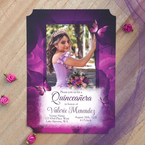 Elegant Violet Pink Roses Butterflies Quinceanera Invitation