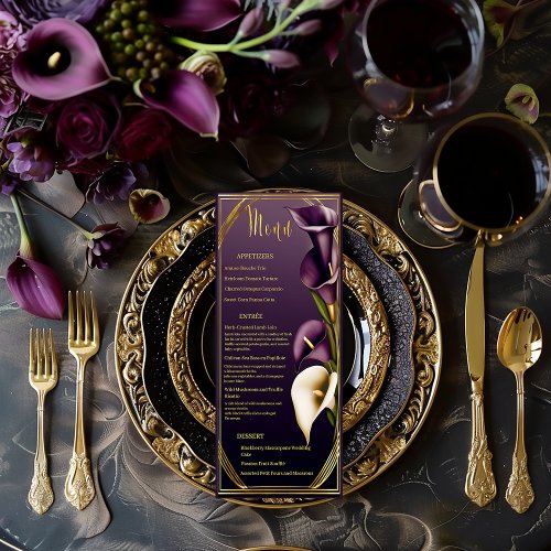 Elegant Violet Purple and Gold Calla Lily Wedding  Menu