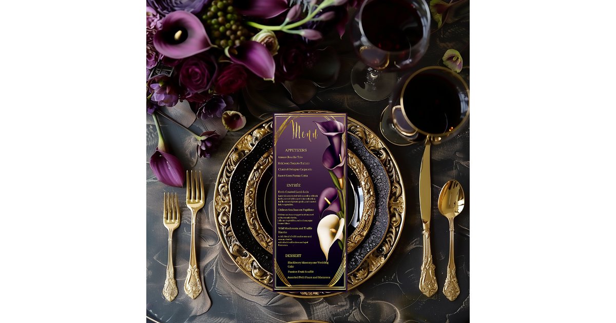 Elegant Violet Purple and Gold Calla Lily Wedding Menu | Zazzle