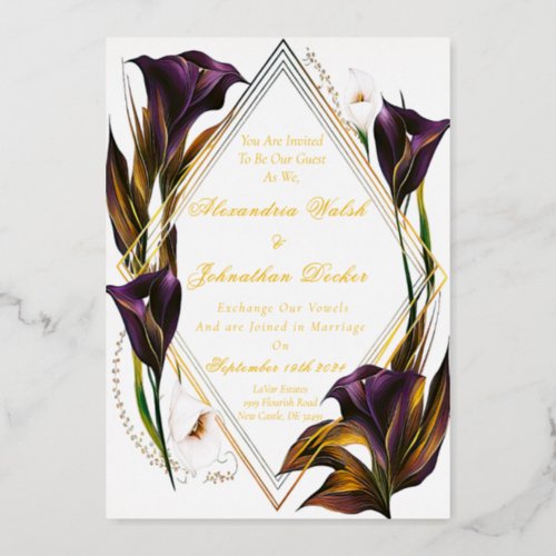 Elegant Violet Purple Calla Lilly Floral  Foil Invitation