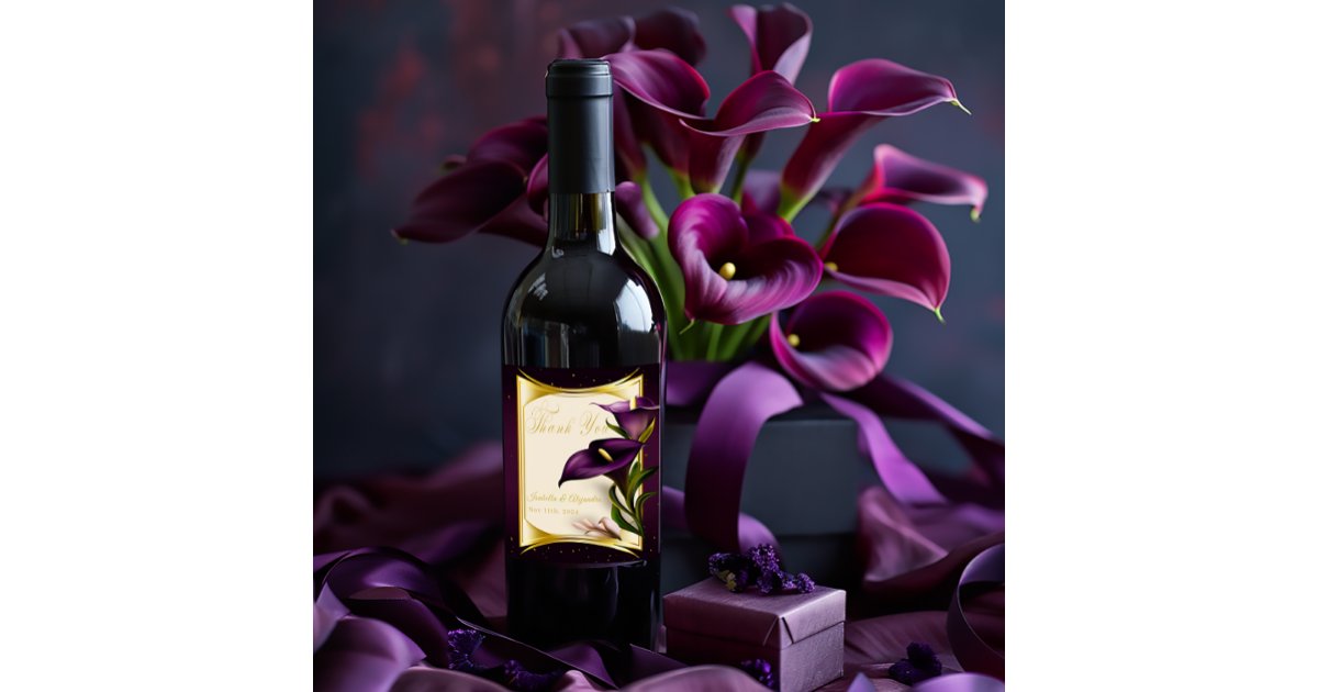 Elegant Violet Purple Calla Lily Wedding Wine Label | Zazzle