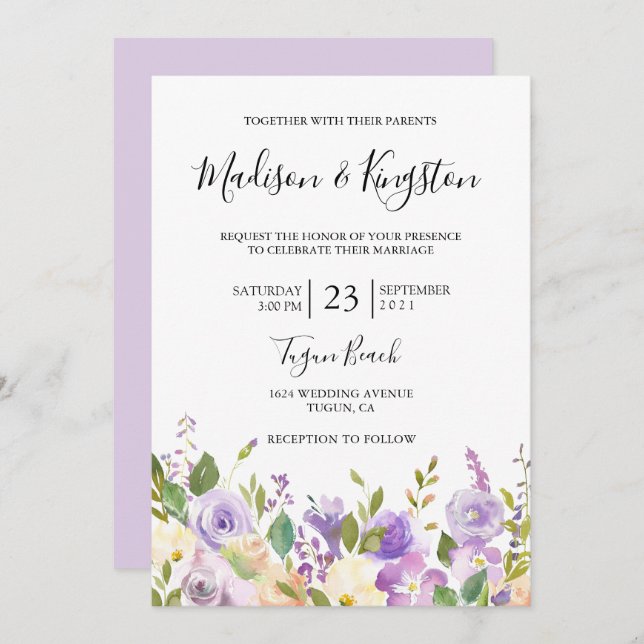 Elegant Violet Purple Champagne Flowers Wedding Invitation (Front/Back)