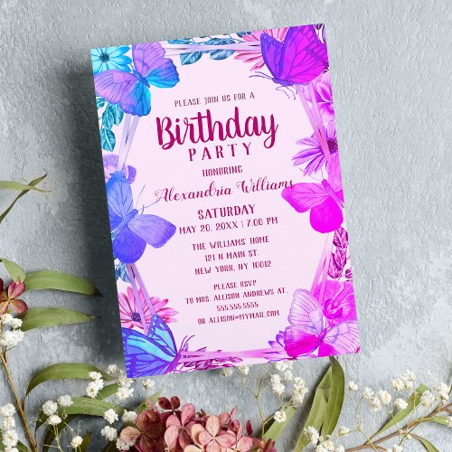 Elegant Violet Purple Floral Butterfly Birthday Invitation Postcard