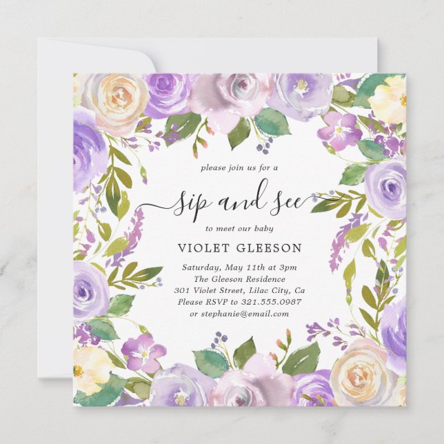 Elegant Violet Purple Floral Girl Sip and See Invitation (Front)