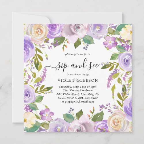 Elegant Violet Purple Floral Girl Sip and See Invitation