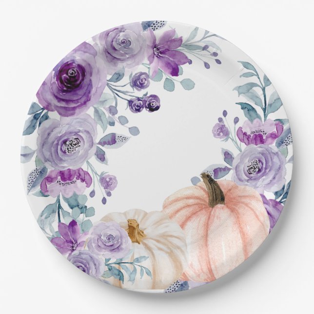Elegant Violet Purple Floral Pumpkin Watercolor Paper Plates (Front)