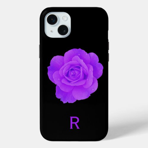 Elegant Violet Purple  Monogram Dark Floral Rose iPhone 15 Plus Case