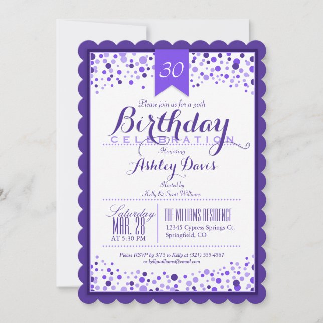 Elegant Violet Purple White 30th Birthday Party Invitation (Front)