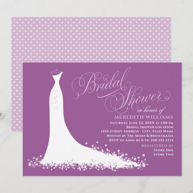 Elegant Violet Wedding Gown Bridal Shower Invitation (Front/Back)