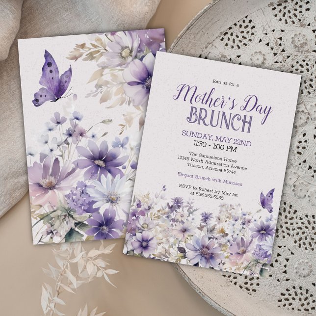 Elegant Violet Wildflowers Mother's Day Brunch Invitation (Modern elegant purple wildflowers and butterfly Mother's Day brunch luncheon or event invitations)