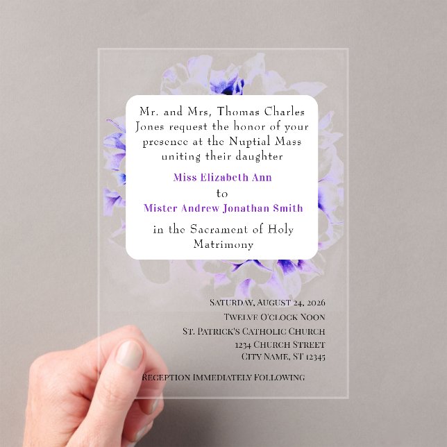 Elegant Violets Catholic Wedding Invitation (Insitu (Handheld))