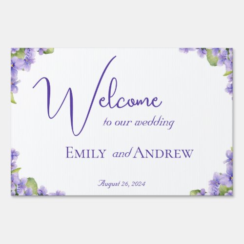 Elegant Violets Watercolor Flower Wedding Welcome  Sign