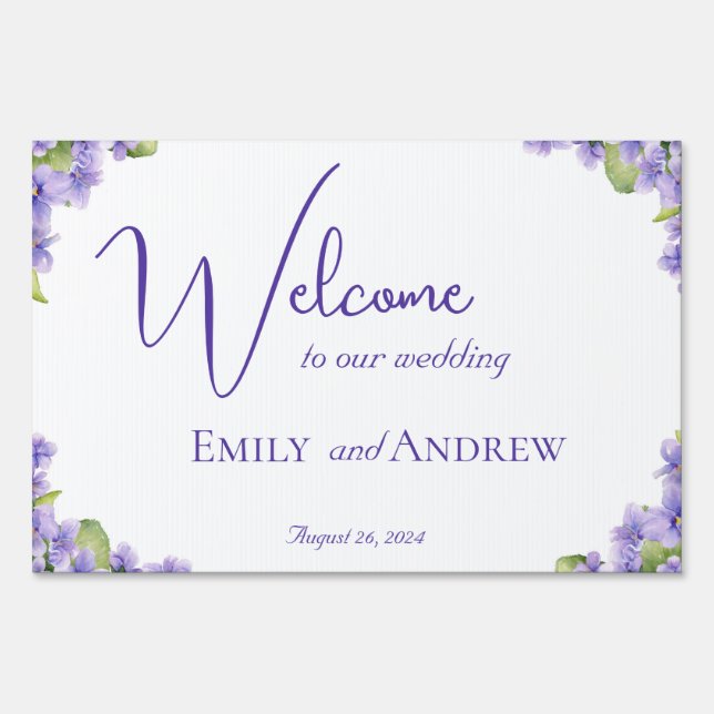 Elegant Violets Watercolor Flower Wedding Welcome  Sign (Front)
